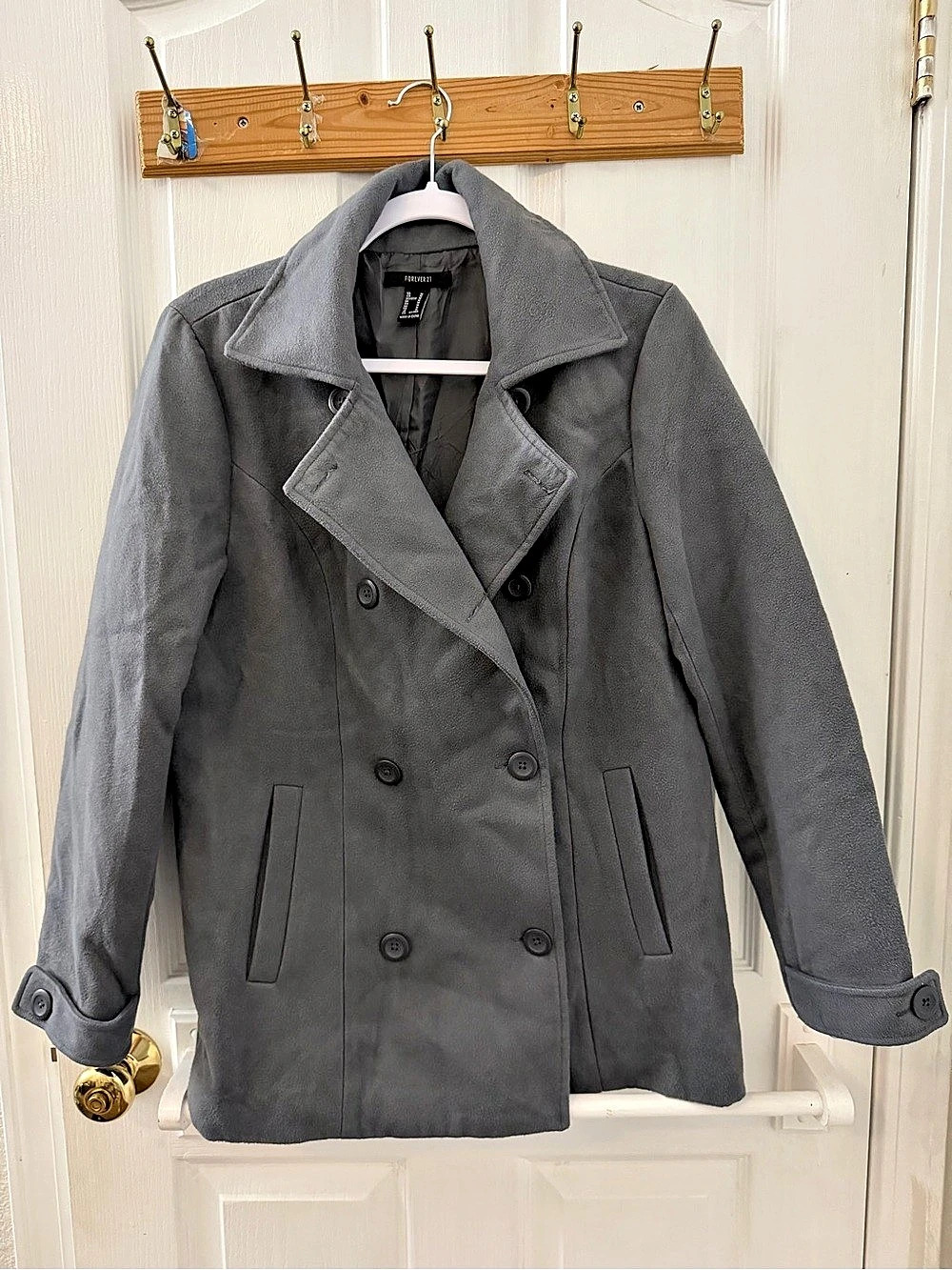 Forever 21 Gray Double-Breasted Pea Coat Size Medium Like New